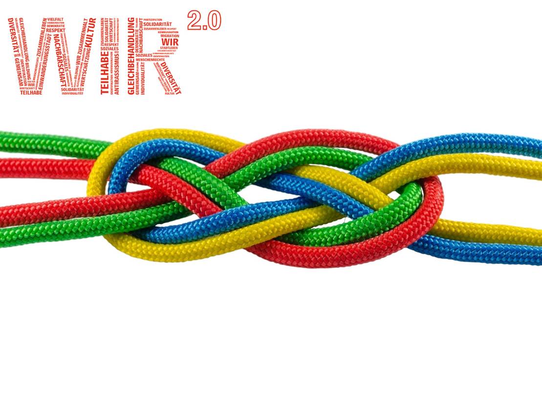 Vier Seile, ein rotes, ein grünes, ein blaues und ein gelbes, bilden einen lockeren Knoten. Darüber ist das WIR 2.0-Logo zu sehen.
